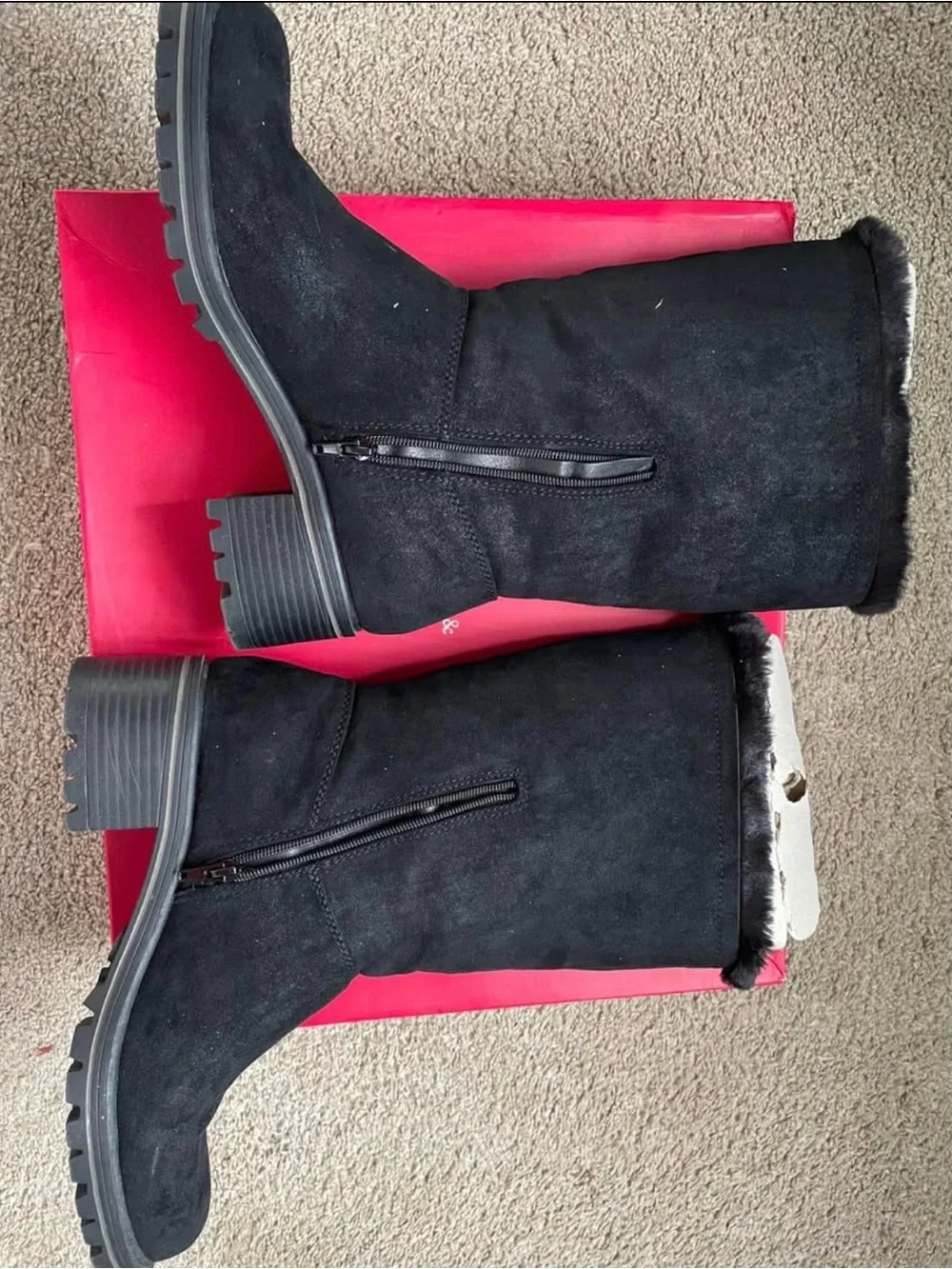 Black Suede Fur-Lined Mid-Calf Boots - Women